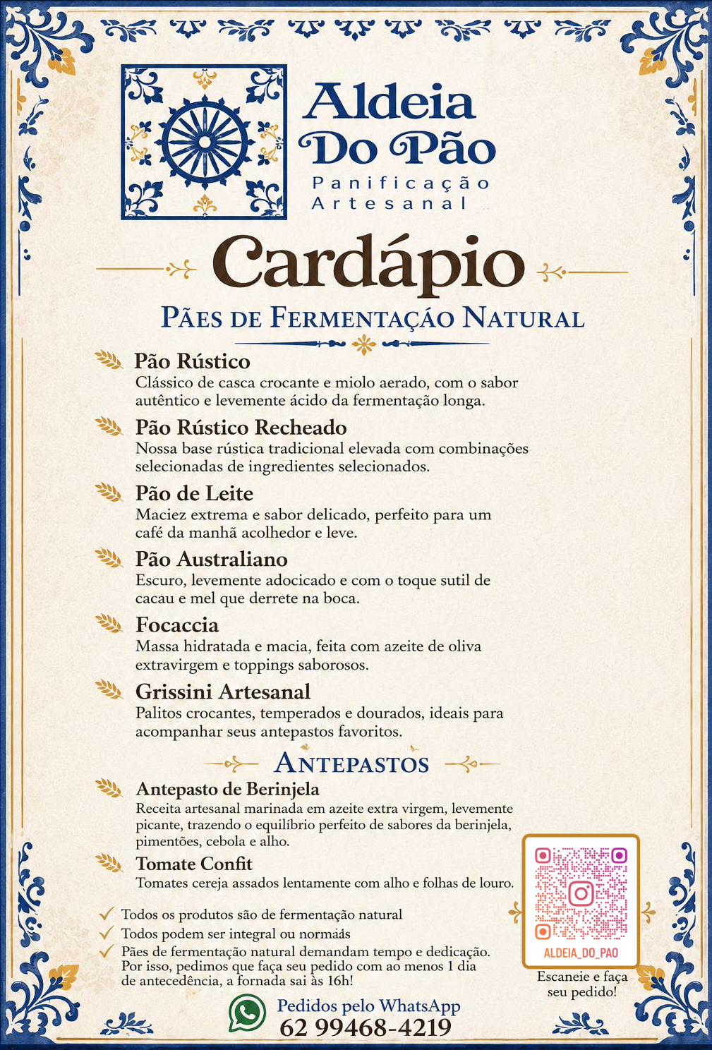 Cardápio artesanal da Aldeia do Pão com pães de fermentação natural, cafés especiais e produtos gourmet em Goiânia
